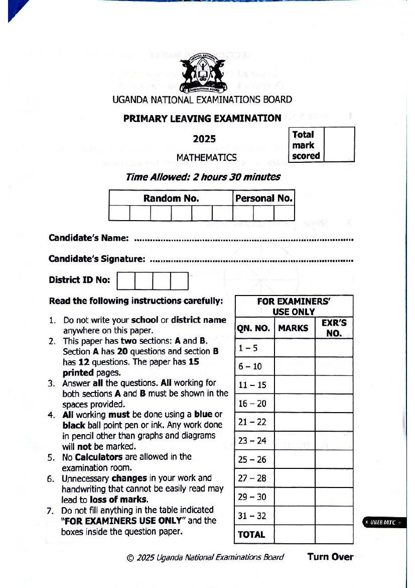 PLE 2025 Mathematics Past Paper & Answers — page 1