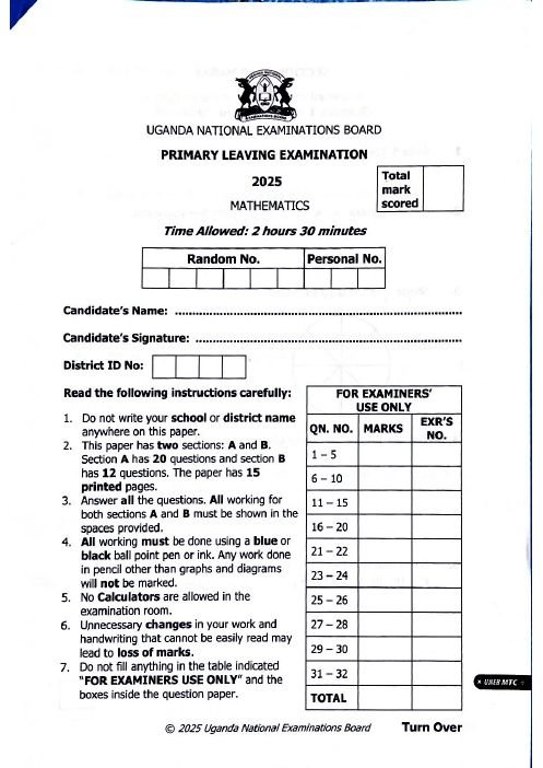 PLE 2025 Mathematics Past Paper & Answers — page 1